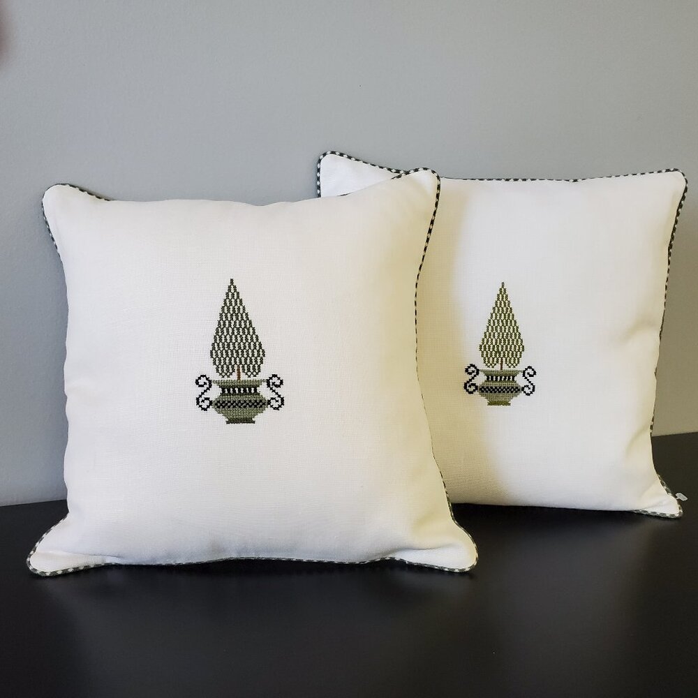 French Topiary Linen Accent pillows - Hand Embroidered - Set of Two